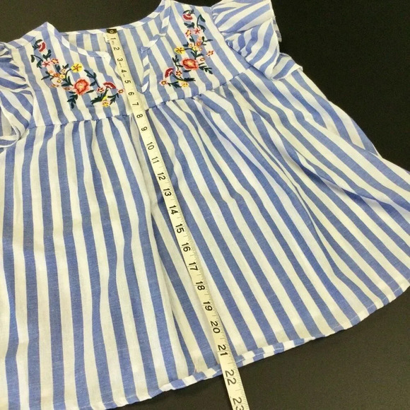 Womens Blue White Striped Floral Embroidered Ruffle Sleeve Peplum Blouse Small - Picture 4 of 9